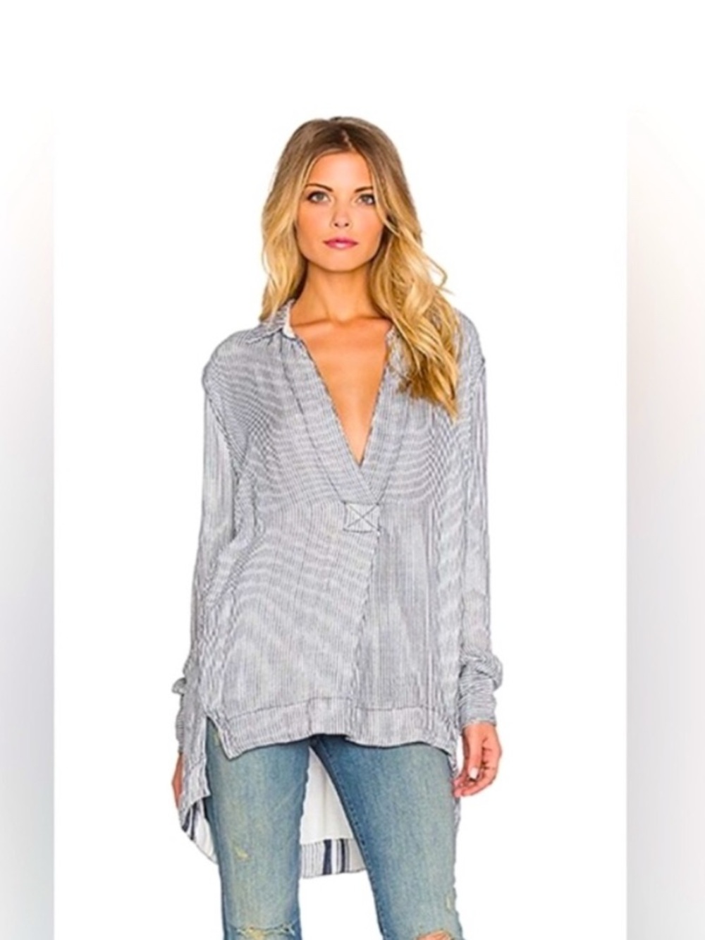 Free People Gray Striped V-Neck Tunic Top